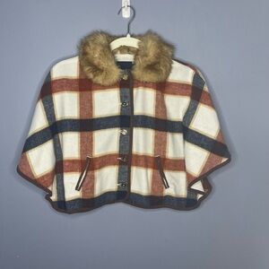 Janie and Jack Blue and Brown Cape with Faux Fur Collar